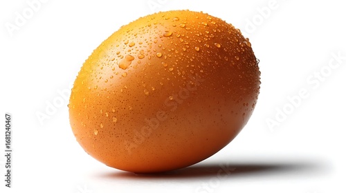Macro close-up of fresh chicken egg with water droplets on it placed on white background with studio lighting.