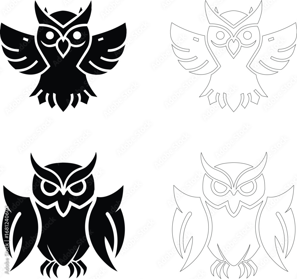 Fototapeta premium Silhouette of an abstract minimalist owl icon with simple wings, bold flat black vector