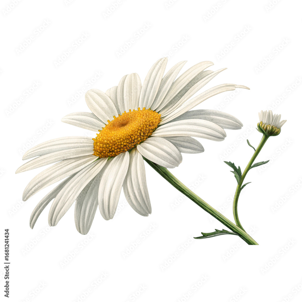 Fototapeta premium A single daisy with white petals and a yellow center with a bud on a black background image view
