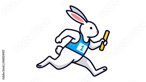 Rabbit Runner: A dynamic cartoon illustrates a swift rabbit dashing forward in a track race, gripping a golden baton, symbolizing speed and agility, the essence of competition.