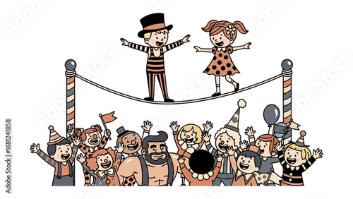 Circus Performers: An illustration of two children balancing on a tightrope, entertaining a cheerful crowd at a circus or carnival, celebrating the joy and excitement.