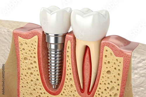 Dental cross-section showing a titanium dental implant and a natural tooth root in bone teeth