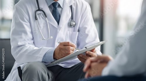Doctor in White Coat Consults Patient Taking Notes on Clipboard with Stethoscope.