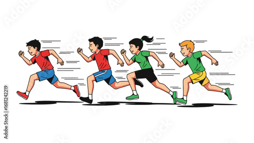 Dynamic Sprint: A group of young athletes, in a vibrant display of teamwork and competition, surge forward in a spirited race, embodying the spirit of sportsmanship and determination.