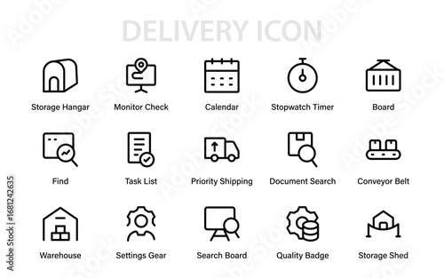 Modern logistics delivery supply chain line icon set. Professional vector illustrations showcasing transport, distribution, cargo, and warehouse services.