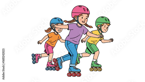 Roller Skating Fun: Three young children, all smiles, enjoying the joy of roller skating. A captivating illustration showcasing the active play and laughter of youth. 