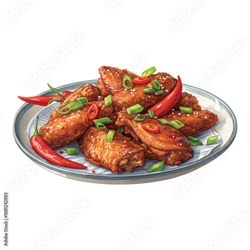 A plate of spicy chicken wings garnished with green onions and red chili peppers on a white background