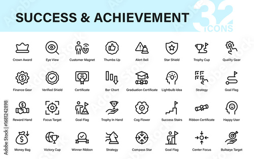 Professional Reward Recognition Line Icon Collection. Modern success, hardwork, and achievement vector pack with unique minimal business finance concept symbols.