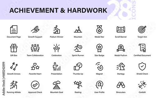 Modern Success Achievement Line Icon Set. Professional reward, recognition, and career growth vector pack with minimal creative financial design elements.
