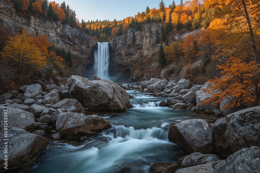 Fototapeta premium Gentle illumination on cascading waterfalls flowing over rocks beside a peaceful river surrounded by fall colors
