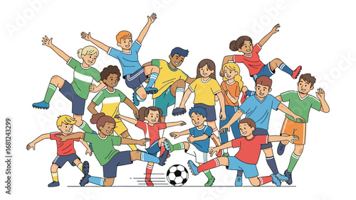 Youthful Soccer Team in Action: A dynamic illustration showcases a vibrant soccer team, joyfully engaging in the sport, depicting teamwork and the exuberance of youth