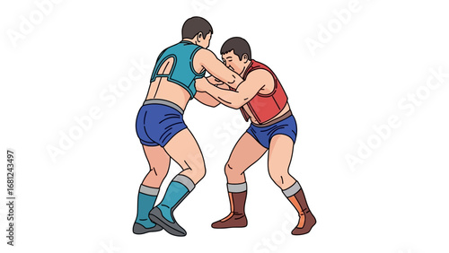Wrestling Match Illustration: A detailed illustration of two wrestlers engaged in a fierce competition, showcasing their strength, strategy, and athleticism in a dynamic portrayal.