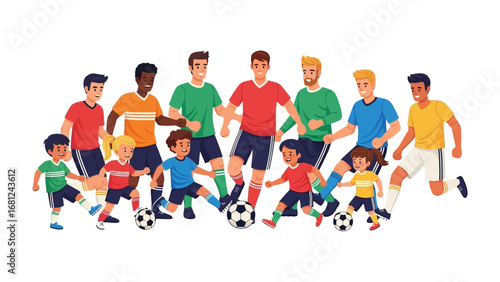 Soccer Team of Diverse Players: A vibrant illustration captures a diverse soccer team, featuring adults and children of various ethnicities, all united in their passion for the beautiful game.