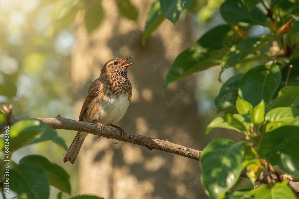 Naklejka premium Song thrush perched on a sunlit branch singing with empty space