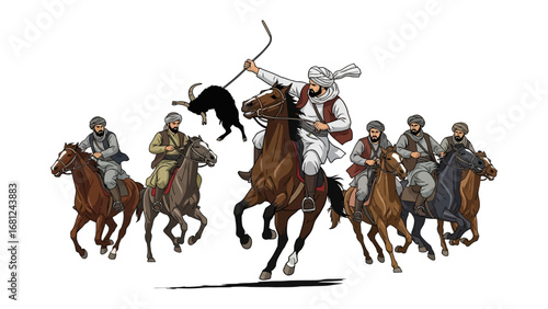 Equestrian Cultural Display: A spirited illustration capturing the dynamic movement and vibrant energy of a traditional equestrian sport, embodying the essence of cultural heritage.