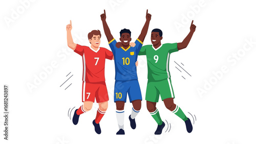 Triumphant Trio: A dynamic illustration of a victorious soccer team, celebrating a hard-earned win with spirited enthusiasm, showcasing teamwork and shared accomplishment.