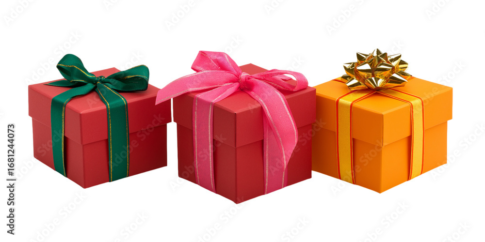 Obraz premium Three Wrapped Gift Boxes with Ribbons present isolated on a transparent background