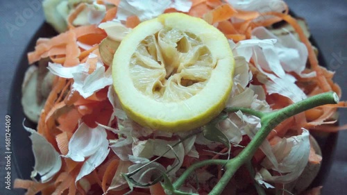 Close-up of a bowl of bio-waste, carrots, lemon slice, garlic peels, etc. Waste sorting.