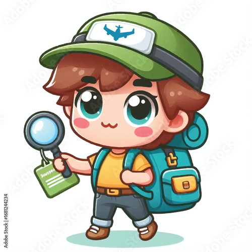 Adventurous Explorer: A charming cartoon illustration of a young explorer ready to embark on a grand adventure. The image captures the playful spirit and excitement of a journey of discovery.