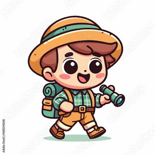 Curious Explorer: A charming cartoon illustration of a young explorer sets out on an exciting adventure with a curious look. The child is ready to uncover the wonders that the world has to offer