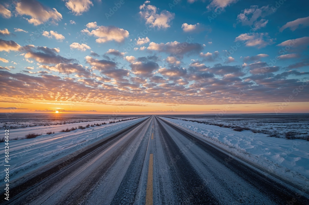 Fototapeta premium Snowy winter highway under a colorful evening sky with clouds
