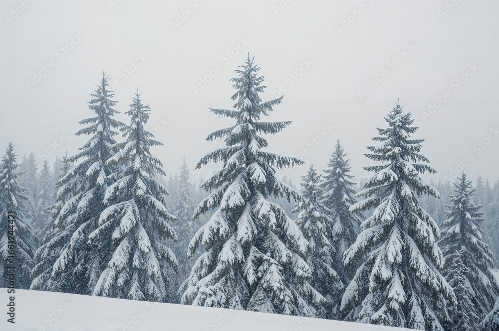 Obraz premium Winter forest with snow-laden Christmas trees