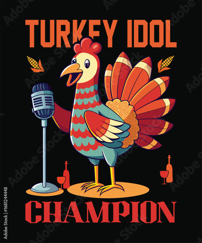 Cartoon Turkey Singing Champion with Microphone and Corn idol