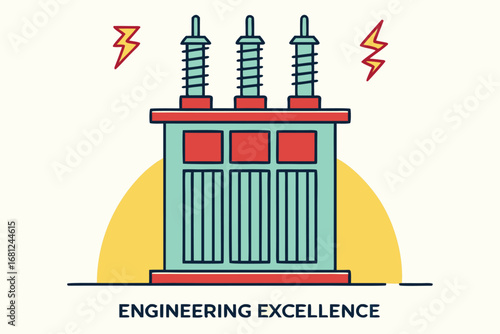 Electrical transformer with lightning bolts and text Engineering Excellence electricity power