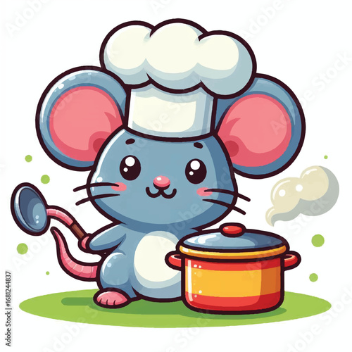 Chef Mouse's Culinary Creation: An adorable cartoon mouse dons a chef's hat and wields a spoon while overseeing a bubbling pot, ready to whip up a delightful culinary experience. 