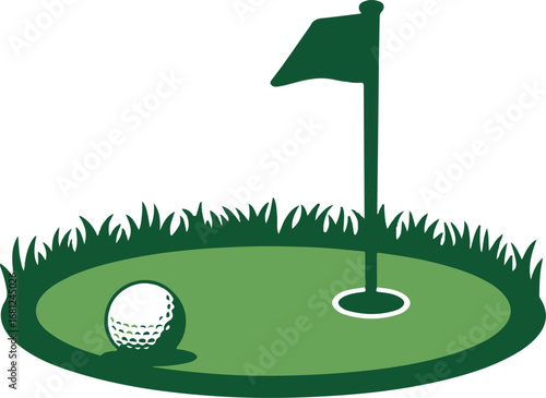 Golf course green with flag or flagstick and golf ball