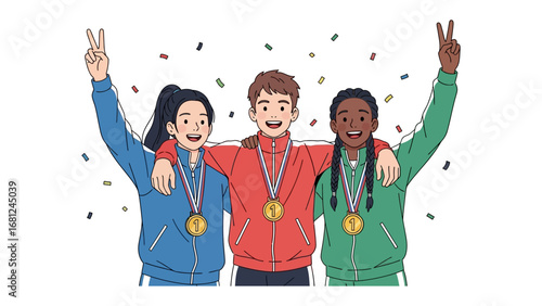 Triumphant Trio: A vector illustration captures three diverse individuals, draped in athletic attire and adorned with golden medals, reveling in their triumphant moment.