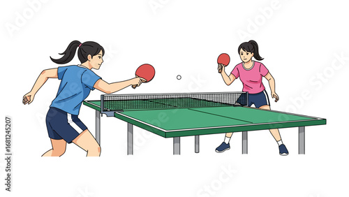 Table Tennis Duel: Two female players engaged in a thrilling match of table tennis. The dynamic composition conveys the energy, focus, and competitive spirit inherent in the sport.