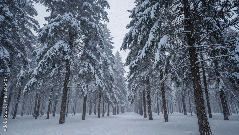 Fototapeta premium Peaceful forest blanketed in snow on a chilly winter day
