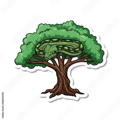 Snake in a Tree Sticker: A detailed illustration of a green snake coiled in a leafy tree, perfectly rendered as a sticker with a retro, hand-drawn aesthetic.