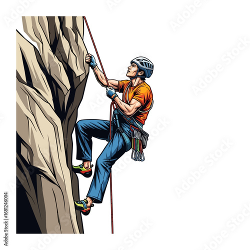 Mountain Ascent: Witness the solitary focus of a climber as they scale a sheer rock face, roped and geared for a challenging ascent, displaying grit and determination.