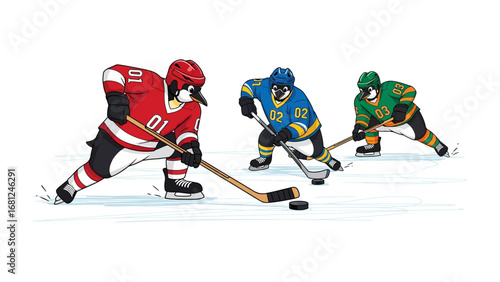 Penguin Hockey: Energetic penguins in colorful jerseys battle for possession of a hockey puck on a shimmering ice rink, showcasing the thrill of the game. 