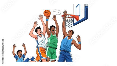 Basketball Action: Dynamic Illustration of Basketball Players Competing in a Vibrant Game, showcasing athleticism, teamwork, and the thrill of competition.