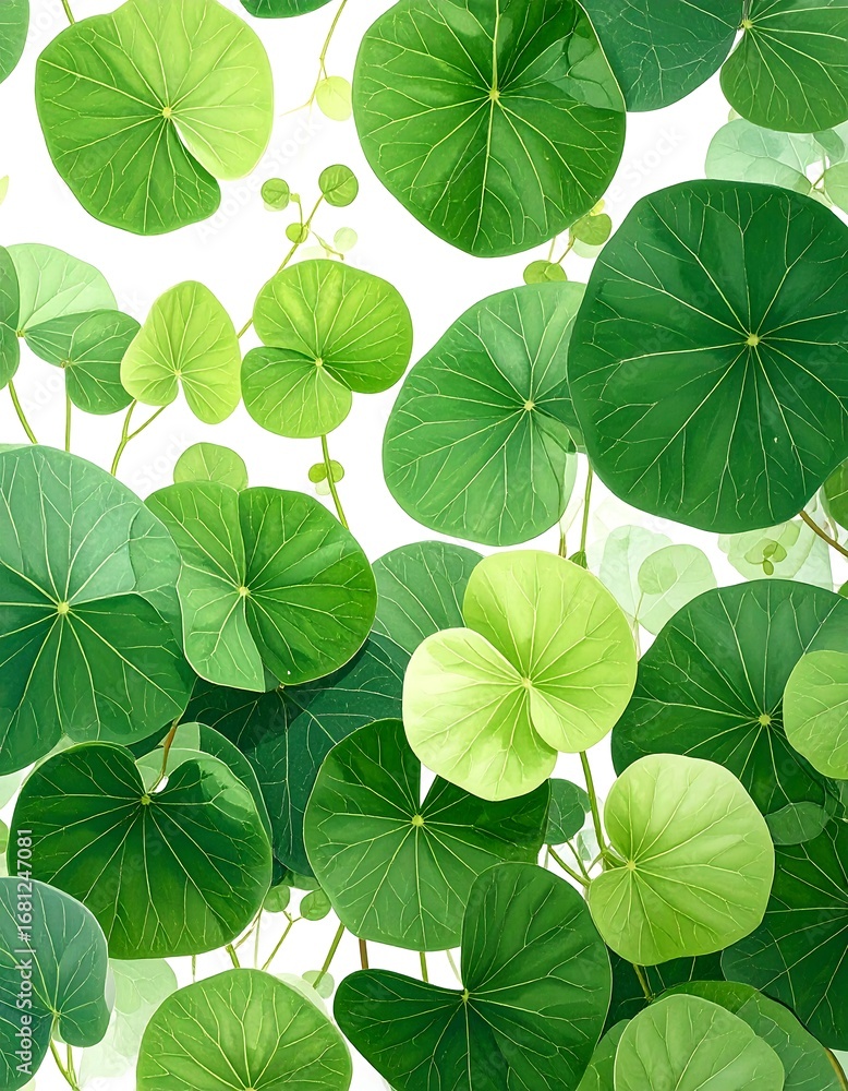 Obraz premium A vibrant display of circular leaves in varying shades of green, showcasing intricate vein patterns against a plain white background.