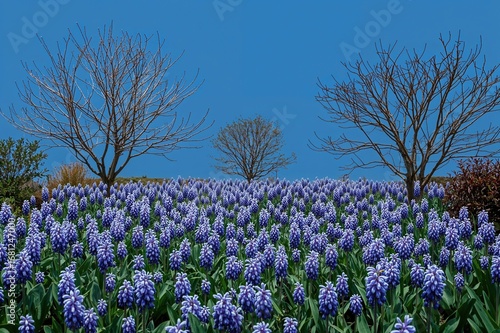 Wallpaper Mural Symbolic springtime garden featuring purple hyacinths, trees, and a wooden fence against a blue backdrop. Torontodigital.ca