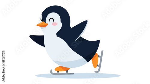 Skating Penguin's Joy: A charming penguin glides gracefully on ice skates, radiating happiness and youthful energy in a vibrant illustration.