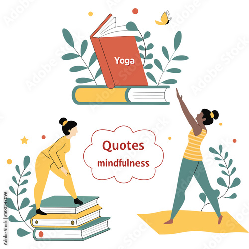 Vector illustration of Yoga and Mindfulness: Books, People, and a Butterfly