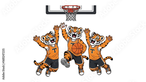 Tiger Mascot Basketball: Lively tiger mascots enthusiastically engage in a basketball game, showcasing a vibrant display of teamwork, skill, and sportsmanship. 