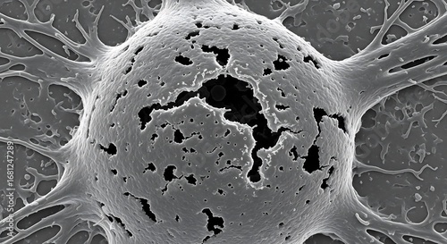 Scanning electron microscope image of a dying neuron, showing cellular damage and a porous membrane in a detailed scientific micrograph