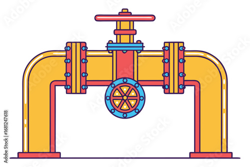 Industrial pipeline with valve and circular gauge in bright colors plumbing