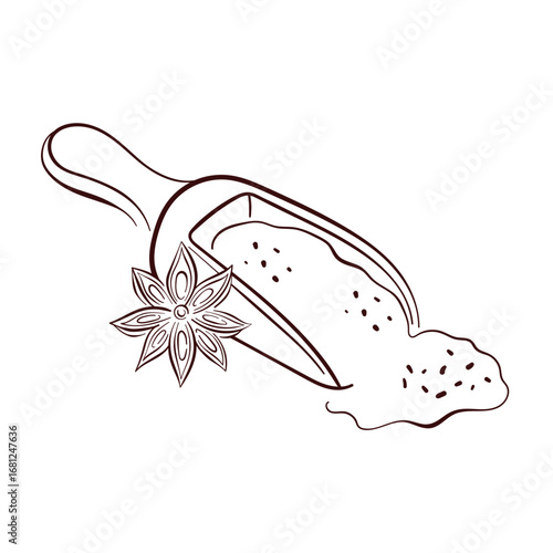 Line art style illustration of a scoop with powder cinnamon spice and star anise decoration.