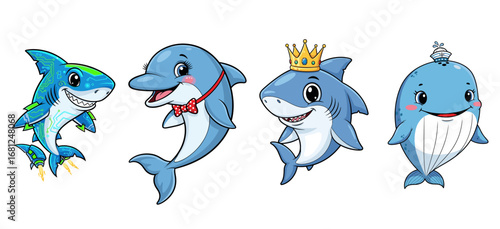 Cartoon sea animals featuring a shark, dolphin, and whale. Cute aquatic creatures, nautical theme, ocean life, undersea, fun characters.