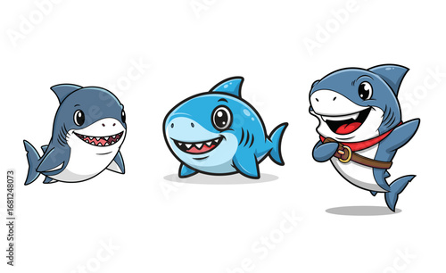 Cartoon sharks smile, acting cute. Friendly aquatic life, happy character, ocean animals, sea creatures, marine, fun