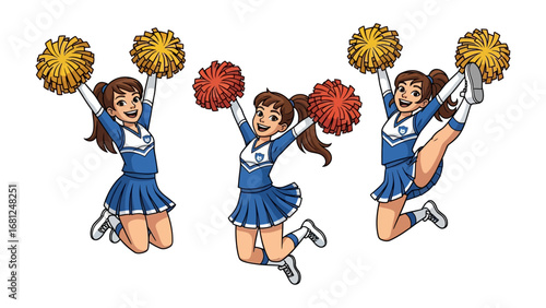 Enthusiastic Cheerleader: A cheerleader's vibrant energy springs to life through a dynamic, colorful illustration. She is seen leaping with pom-poms in hand.