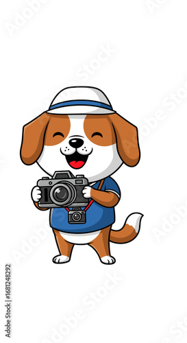 Cartoon dog photographer smiles holding camera. Travel, vacation, photography, mascot, tourism, cute.
