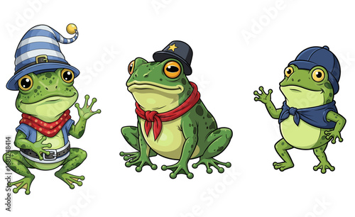 Frogs wear hats, stand and sit. Whimsical amphibian characters, cartoon illustration, fantasy, fairy tale, animation, clipart, digital art, fun, cheerful, creative.
